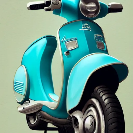 Image similar to a turquoise vespa moped, ultra realistic, concept art, intricate details, highly detailed, photorealistic, octane render, 8 k, unreal engine. art by artgerm and greg rutkowski