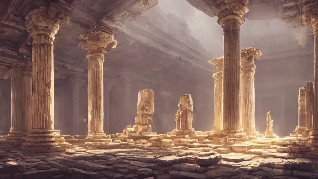 Prompt: ancient temple in ruins with impeccably clean white marble columns, glowing golden statues, by sylvain sarrailh, rossdraws, ambient light, ultra detailed, fantasy artwork, 8 k, volumetric lighting, trending on artstation, award winning, very beautiful.