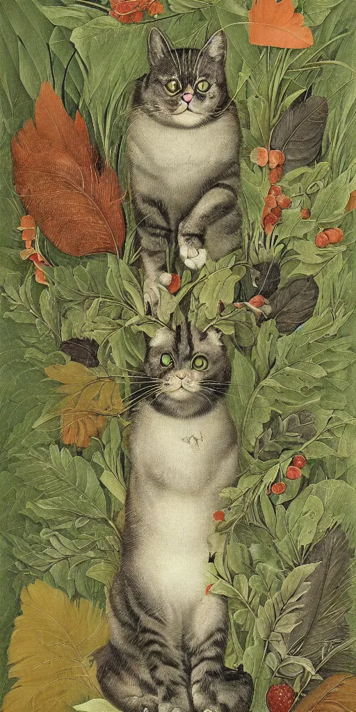 Prompt: portrait of a cat dissolving in a field of foliage, botanicals, fruit and feathers, highly detailed, fantasy art, in the style of hieronymous bosch, cartoonish, whimsical