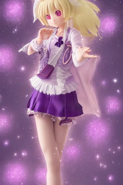 Image similar to An anime figure of a cute magical girl with short blonde hair wearing purple short puffy pants, an oversized beret, white tights covered in stars, and a long billowing scarf. Short hair. intricate details, realistic, Hyperdetailed, 8k resolution, intricate art nouveau, Octane Render.