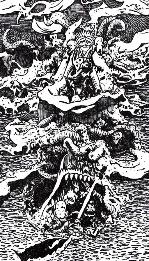 Prompt: man on boat crossing a body of water in hell with creatures in the water, sea of souls, by eiichiro oda