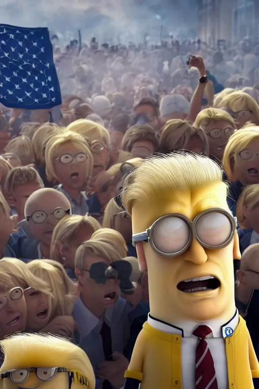 Image similar to trump with blond hair as a minion standing in front of a riot, pixar style, intricate, portrait, 8 k highly professionally detailed, hdr, cgsociety