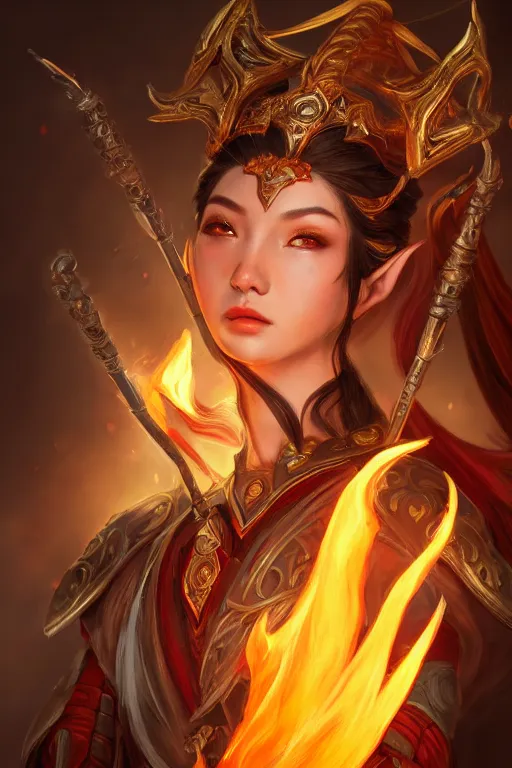 Image similar to a masterpiece portrait of nezha, young elf prince holding spear, flame everywhere, epic pose, fantasy character portrait, closeup shot, hyper detailed, digital painting, 8 k realistic, trending on artstation, sharp focus, dof, by fenghua zhong, artgerm, ne zha from smite, jeff easley, raymond swanland