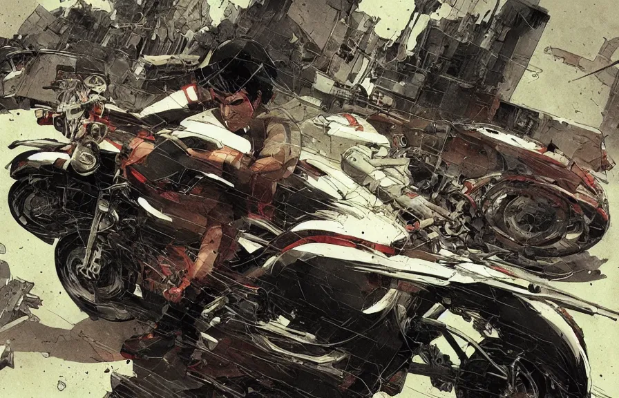 Prompt: Iconic Akira motorcycle slide, by Greg Rutkowski and Dave McKean, animation, hand drawn