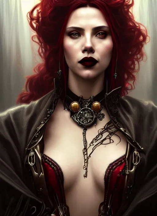 Prompt: portrait of a gothic steampunk scarlett johanson as a vampire lord, jewelry, greek, ruby, intricate, headshot, highly detailed, digital painting, artstation, concept art, sharp focus, cinematic lighting, illustration, art by artgerm and greg rutkowski, alphonse mucha, cgsociety