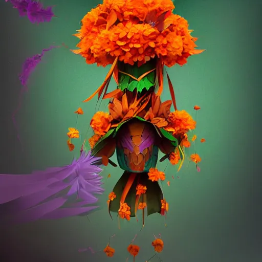 Image similar to a beautiful stunning fantasy matte digital painting of a traditional pinata made of orange and purple flowers and green leaves, concept art, professional lighting, trending on artstation hq, contest winner