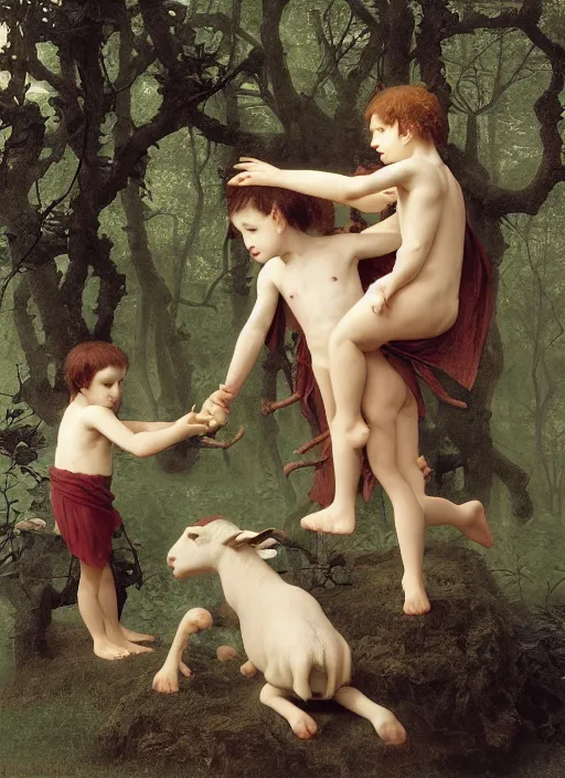 Image similar to pagan boy and girl performing an occult satanic ritual on a goat in a deep thorns bones bloody forest, by william-adolphe bouguereau and Takato Yamamoto, high resolution, rendered in octane 3d