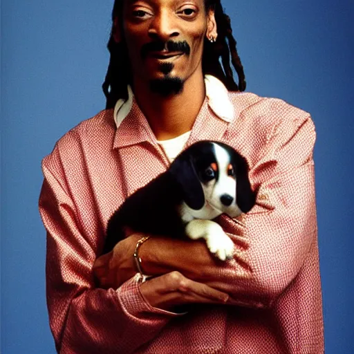 Prompt: Snoop Dogg holding a little puppy for a 1990s sitcom tv show, Studio Photograph, portrait, C 12.0