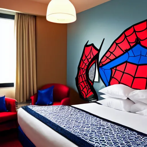 Image similar to designer photography of hotel room themed to spider - man motif. bed has spider - man blankets. wall has spider - man pattern. furniture has spider - man motif. furniture is shaped like spider - man furniture. carpet has spider - man motif. lighting has spider - man film shapes