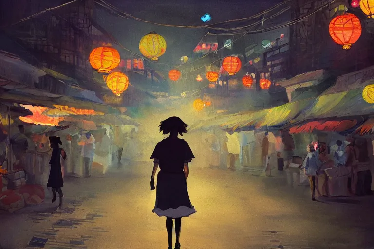 Prompt: A medium shot painting of a beautiful princess walking forward through a smoky bohemian night market light by paper lanterns, by Studio Ghibli