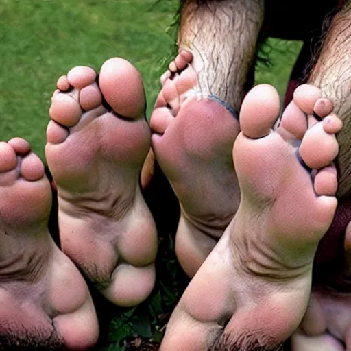 Image similar to a group of hobbits admiring the hairiness of their feet