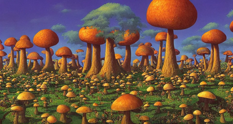 Prompt: A tribal village in a forest of giant mushrooms, by GREG HILDEBRANDT