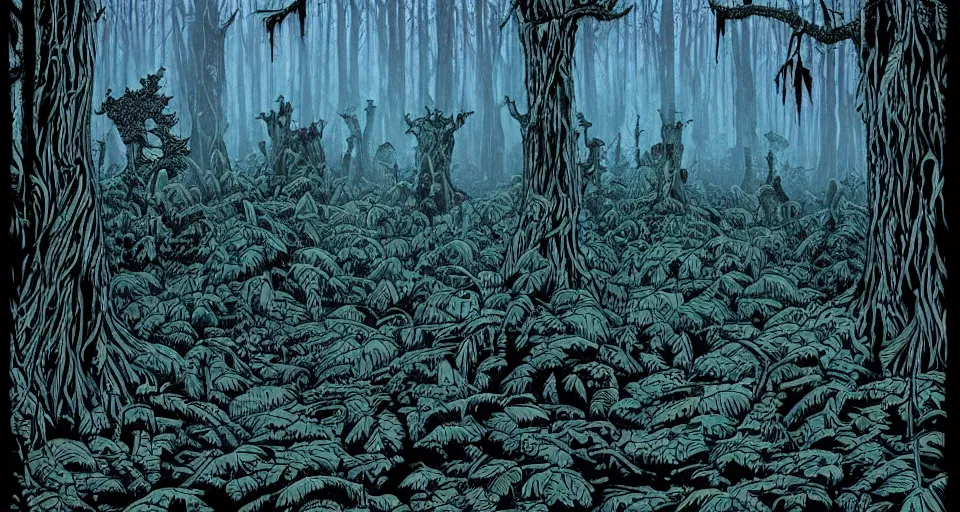 Prompt: A dense and dark enchanted forest with a swamp, by Dan mumford,