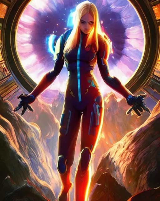 Prompt: Symmetric movie poster of Cara delevingne as Samus Aran , Epic Fantasy cover art, ultra wide lens shot,cinematic lighting, beautiful,art by Artgerm and Greg Rutkowski and Alphonse Mucha