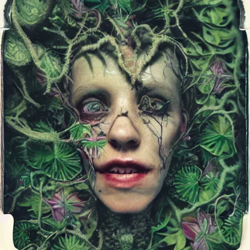 Image similar to a beautiful detailed front view portrait of a rotten woman corpse with fractal plants and fractal flowers growing around, volumetric light, beautiful lit, polaroid photography