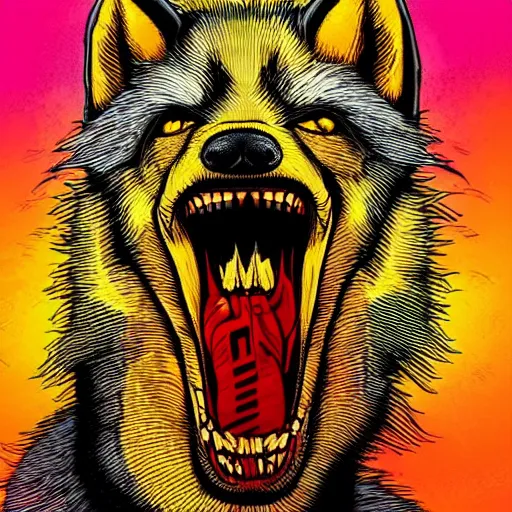 Image similar to portrait of retarded wolf, retard, rabies propaganda style, vivid colors, detailed