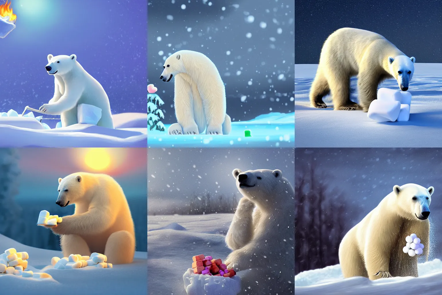 Prompt: A polar bear eating marshmallows in a blizzard. Award-winning digital art, 4k, trending on ArtStation, 600mm.