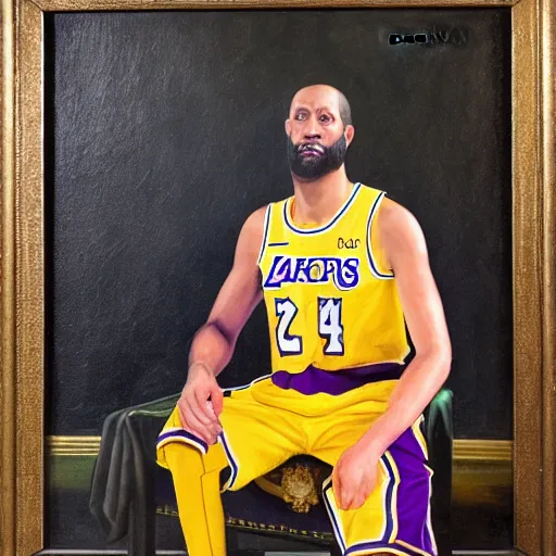 Image similar to official portrait of the los angeles lakers dictator, 1 7 8 0, in full lakers military garb. oil on canvas by william sidney mount, oil on canvas, octane render