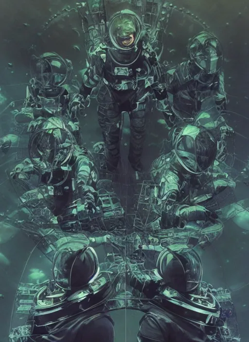 Image similar to astronauts in dark and empty void underwater - complex and hyperdetailed technical suit. reflection and dispersion materials. rays and dispersion of light. volumetric light. 5 0 mm, f / 3 2. noise film photo. flash photography. ultra realistic, wide angle. poster by wayne barlowe, hajime sorayama aaron horkey, craig mullins