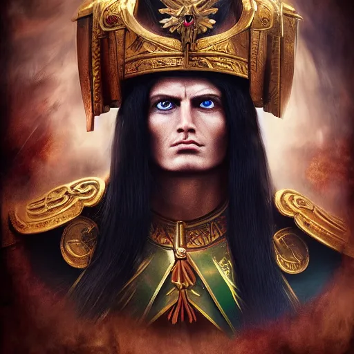 Image similar to the emperor of mankind, beautiful face, long black hair, a wreath on his head, digital painting, photo realism, super realistic detail, warhammer world 4 0, 0 0 0