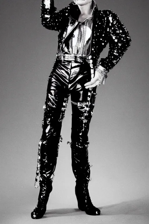 Prompt: portrait billy idol dressed in 1 9 8 1 space fantasy fashion, new wave, minimal, shiny metal, standing in a desert