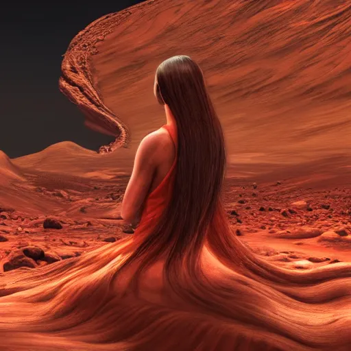 Image similar to Still of a Martian woman with gorgeous flowing hair on Mars, sitting on a Martian rock, photorealistic facial features, reddish atmosphere with detailed highlights, dark gloomy sky cascading upon the atmosphere, well-detailed ornate Martian mountains in the background, trending on artstation, 4k, 8k