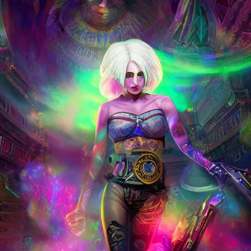 Prompt: Long Shot of psychodelic ciri in mysterious astral temple jumpin with pistol in river of chromatic SPIRITS , beautiful, dmt, trending on artstation, omnious, soft, hypermaximalistic, high details, cinematic, 8k resolution, artwork by Wong, Liam