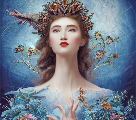 Prompt: breathtaking detailed concept art painting art deco pattern a beautiful wavy brown haired man with pale skin and a crown on his head sitted on an intricate metal throne light - blue flowers with kind piercing eyes and blend of flowers and birds, by hsiao - ron cheng and john james audubon, bizarre compositions, exquisite detail, extremely moody lighting, 8 k h 1 0 2 4