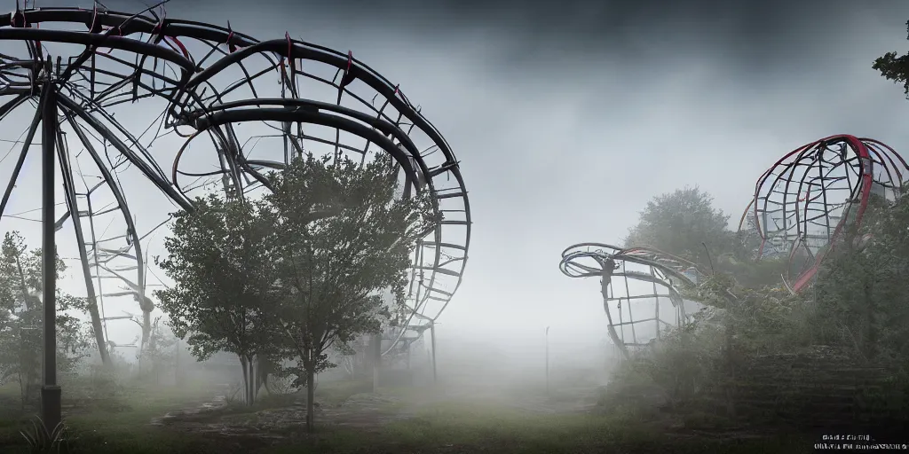 Image similar to creepy view into abandoned theme park with many attractions, including roller coaster with 360 degree loop, fog, rain, volumetric lighting, beautiful, golden hour, sharp focus, highly detailed, cgsociety