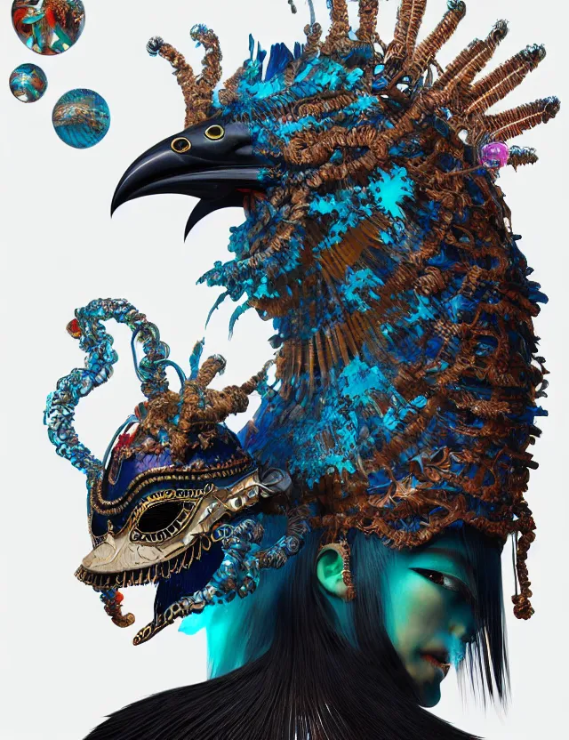 Prompt: 3 d shaman in venetian mask close - up profile portrait. beautiful intricately detailed japanese crow kitsune mask and clasical japanese kimono. betta fish, jellyfish phoenix, bio luminescent, plasma, ice, water, wind, creature, artwork by tooth wu and wlop and beeple and greg rutkowski