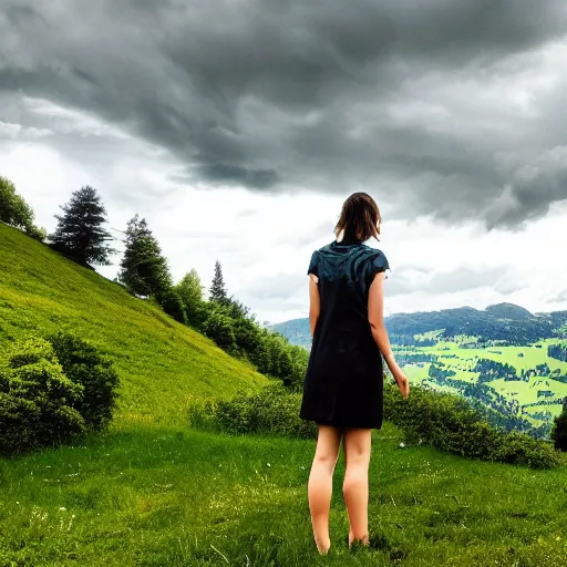 Image similar to a beautiful photograph of a girl with switzerland landscape in the background with trees, hdr, 8 k, high quality, sharp focus, artstation, highly detailed, award - winning, dramatic lighting, beautiful clouds, and nature