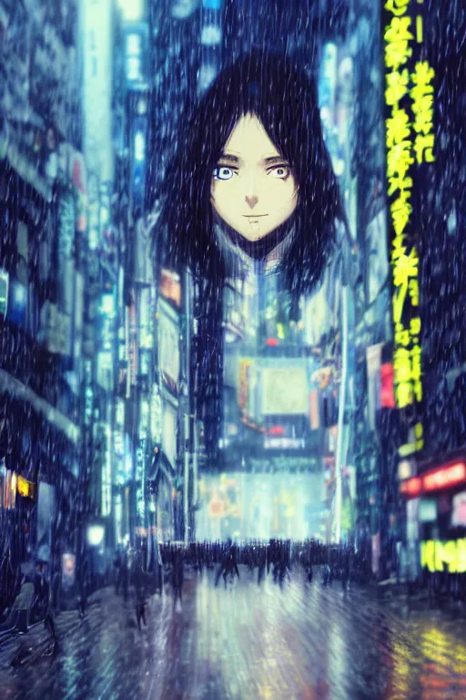 Prompt: Kodak Portra 160, 8K, highly detailed, wachowski seinen manga 3/4 closeup portrait, eye contact, focus on clear transparent raincoat replicant girl model, tilt shift zaha hadid style anime background: famous blade runner anime remake, rainy tokyo izakaya scene