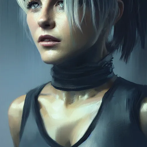 Image similar to portrait of julianne hough by greg rutkowski and wlop, a secret agent, wearing black shorts, wearing black boots, wearing a cropped top, blade runner, highly detailed portrait, digital painting, artstation, concept art, smooth, sharp focus ilustration, artstation, hq