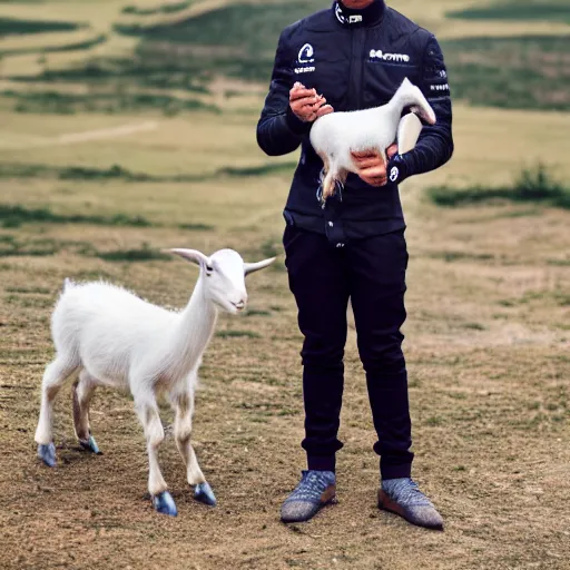 Prompt: lewis hamilton holding a baby goat, ( sony a 7 r iv, symmetric balance, polarizing filter, photolab, lightroom, 4 k, dolby vision, photography award, vogue )