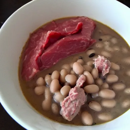 Image similar to raw meat chunks in white gravy with beans,