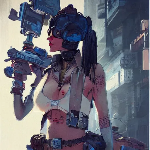 Image similar to concept art character, very high angle view, book cover, very attractive woman with full lips, walking in cyberpunk valley highly realistic, fine details, borderland 3 style, Painting, by Ashley Wood and Jamie Hewlett