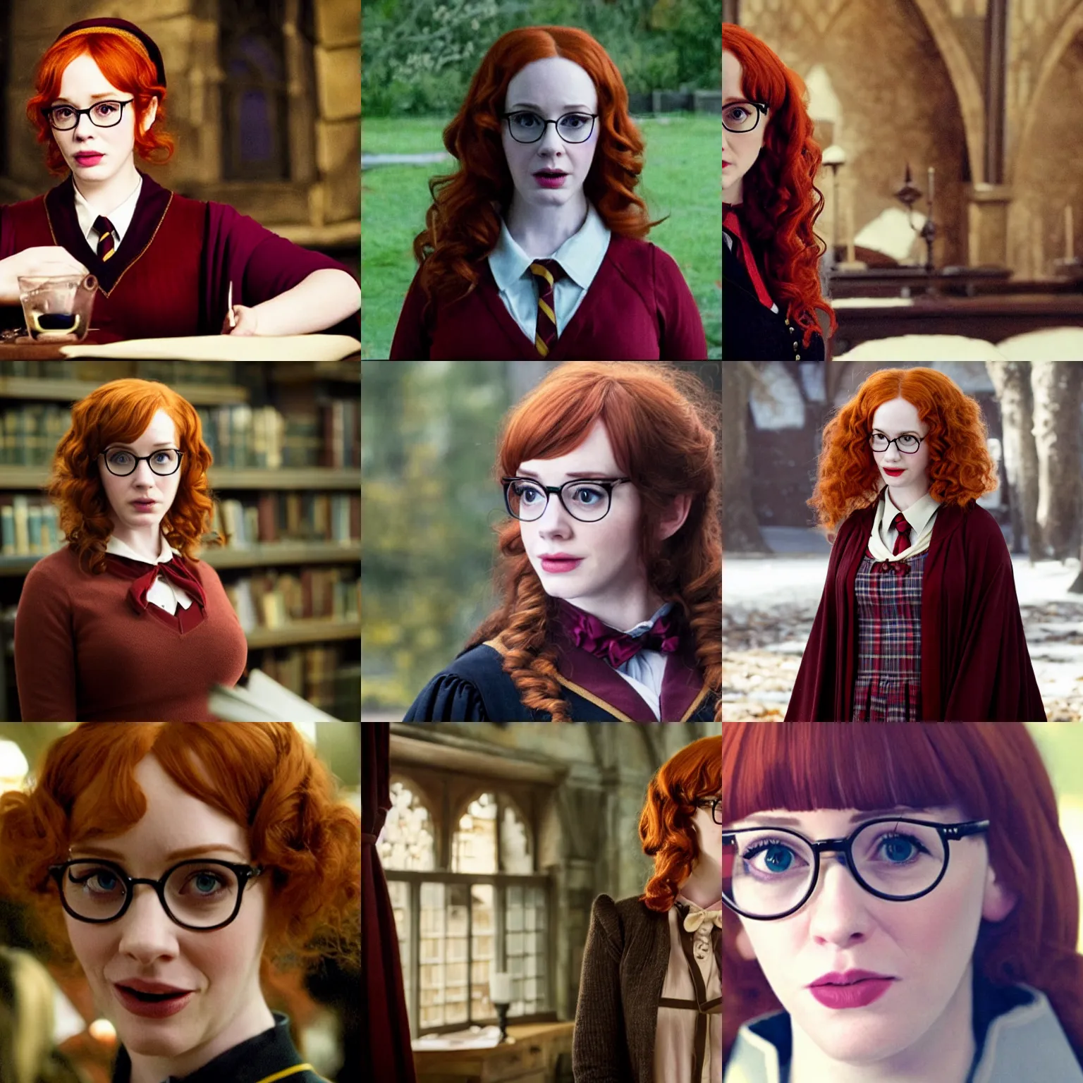 Prompt: a beautiful christina hendricks dressed as a hogwarts student wearing glasses, harry potter film still from the movie directed by denis villeneuve, wide lens
