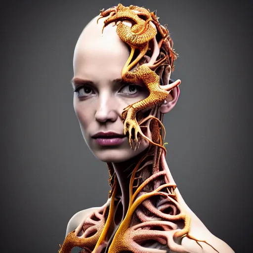 Image similar to a high quality photo of a young beautiful female queen-roots-dragon-cyborg bust with a very long neck and Mandelbrot fractal face, Mandelbrot fractal skin, flesh, anatomical, facial muscles, veins, arteries, elegant, highly detailed, flesh highly baroque ornate, hair are wired cables, elegant, high fashion, rim light, octane render, in the style of Flora Borsi, Realistic, Refined, Digital Art, Highly Detailed, Cinematic Lighting, dramatic colors scheme, photo-realistic, 8K