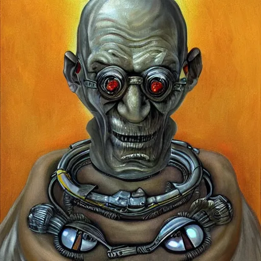 Image similar to professor farnsworth from futurama, painting, art by h. r. giger