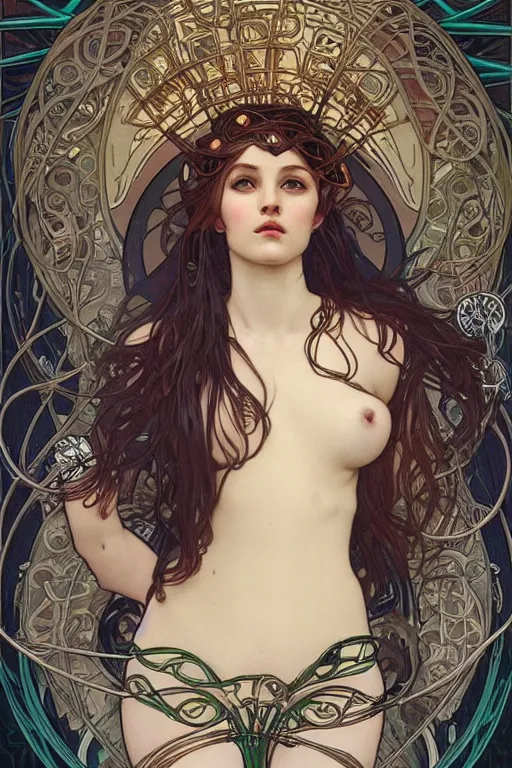 Image similar to realistic detailed portrait of a fully clothed adult cyberpunk! goddess by Alphonse Mucha, Charlie Bowater, Art Nouveau cyberpunk! style, mechanical accents!, flowing wires with leaves, rich deep moody colors