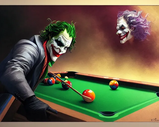 Image similar to photography of the joker playing pool, deep focus, intricate, elegant, highly detailed, digital painting, artstation, concept art, matte, sharp focus, illustration, hearthstone, art by artgerm and greg rutkowski and alphonse mucha