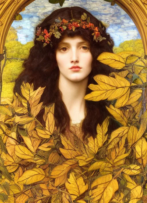 Prompt: masterpiece beautiful seductive flowing curves preraphaelite face portrait amongst leaves, extreme close up shot, straight bangs, thick set features, yellow ochre ornate medieval dress, raven, amongst foliage mushroom forest circle arch framing, frederic leighton and kilian eng and rosetti, 4 k