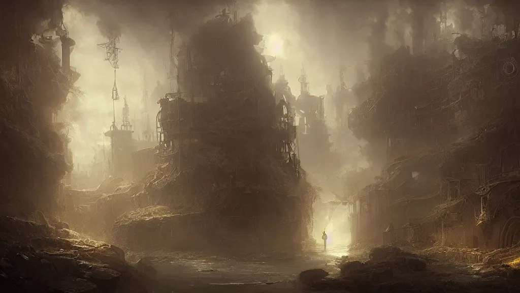 Prompt: steampunk landscape underground, andreas achenbach, artgerm, mikko lagerstedt, zack snyder, tokujin yoshioka