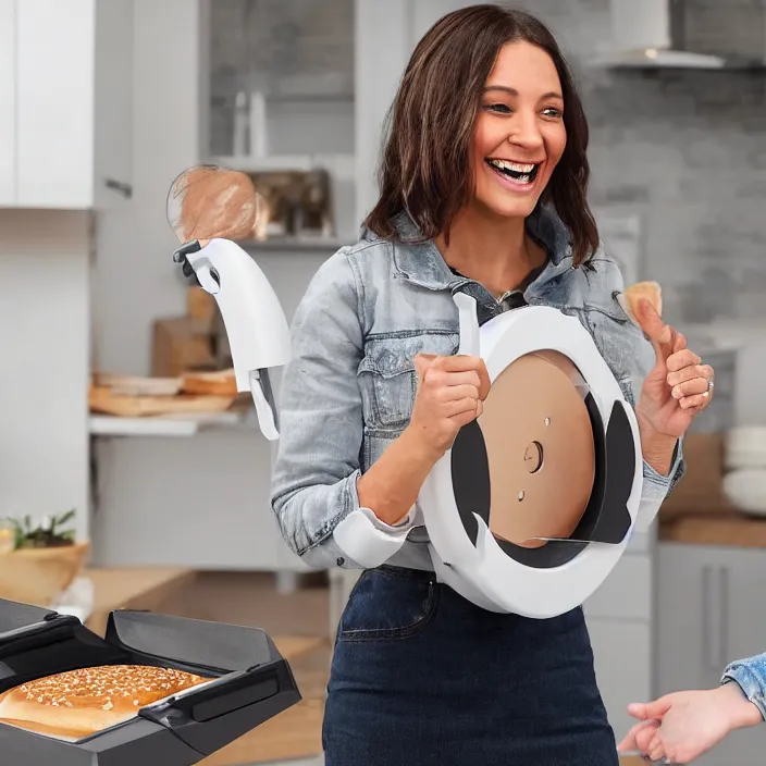 Image similar to a woman that is extremely happy about a young woman receiving her new bagel slicer from the future in the mail from amazon, 8 k,