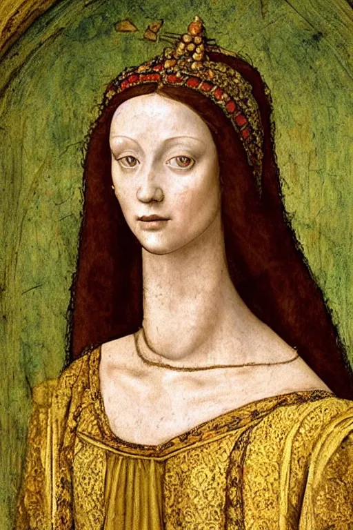 Prompt: a fresco of a renaissance Portrait of slim shapely pale young queen jezebel wearing gilded red robes, long black hair, green eyes, painted by Leonardo da Vinci