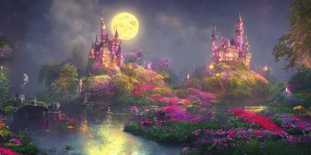 Image similar to a single glittering fairy castle at night, a full moon, water and colourful flowers, extremely detailed oil painting, unreal 5 render, fantasy digital art, octane render, beautiful composition, trending on artstation, award-winning photograph, masterpiece