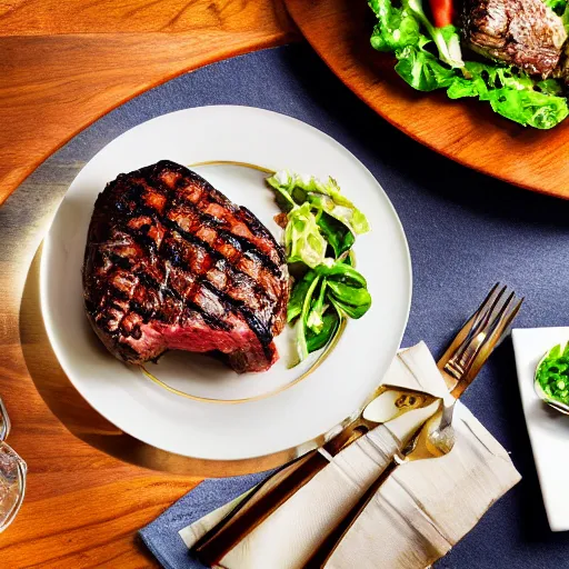 Image similar to photo of a lavish and exquisite dinner, including a large seasoned steak with a salad, with a grilled and a seasoned vegetable medley on the side, mouthwatering, studio advertising photography, f/1.8 32mm HDR