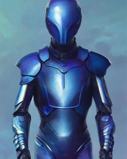 Image similar to character art of iridescent sinewy smooth muscular male sleek glossy bluish black pearlescent scifi armor with smooth black featureless helmet, by greg rutkowski, mark brookes, jim burns, tom bagshaw, magali villeneuve, trending on artstation