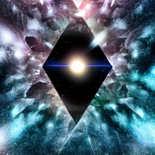 Prompt: crystal quartz fragments and diamond shards, dark side of the moon cover, centered in the middle of galactic space, radiating around prismatic colours of black hole singularity, hyper realistic focus, sharp details, cinema 4d octane, nasa images, volumetric lighting, cinematic lighting, houdini simulation, space nebula, 8k