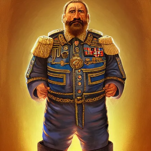 Image similar to digital painting of a dictator in a onesey by filipe pagliuso and justin gerard, symmetric, fantasy, highly, detailed, realistic, intricate